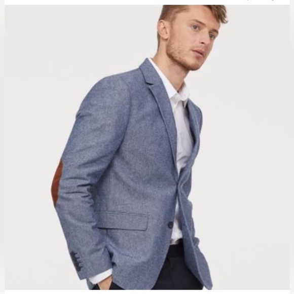 H&M Light Blue Blazer Jacket Size 42R Slim Fit Cotton Elbow Patch Sportcoat - Picture 1 of 11